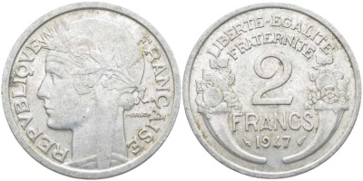 Франция 2 франка 1947 KM 886a.1, LE FRANC 269.10 алюминий 109-1225