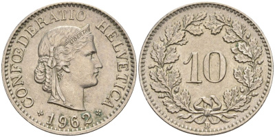 Швейцария 10 раппенов 1962 B KM 27 медно-никель 4608-511
