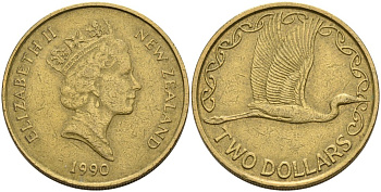 Новая Зеландия 2 доллара 1990 Елизавета II (1952-2022), большая белая цапля KM 79 алюминиевая бронза 81-414