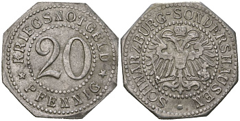 Шварцбург-Зондерсгаузен 20 пфеннингов 1918 Funck 489.2, Men05 23049.2, Men18 28863.2, Men05?23049.3, Men18?28863.3 железо 1515-321