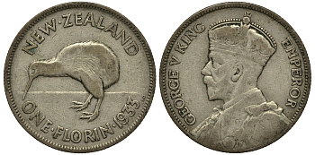 Новая Зеландия 1 флорин 1933 Георг V (1910-1936), птичка киви KM 4 серебро 272-1131