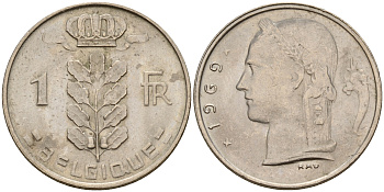 Бельгия 1 франк 1969 Belgique KM 142.1 медно-никель  UNC  4161-1245