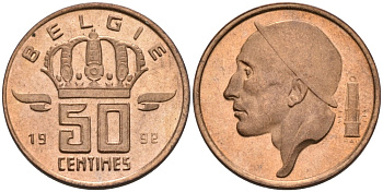 Бельгия 50 сантимов 1992 Belgie KM 149.1 бронза UNC 192-457