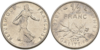 ФРАНЦИЯ 1/2 ФРАНКА 1970 KM 931.1 никель 187-119