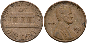 США 1 цент 1961 D, Авраам Линкольн KM 201 медь цинк 4564-353