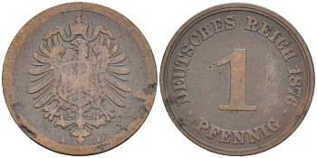 ГЕРМАНИЯ 1 ПФЕННИГ 1876 A, СТАРОГЕРБОВКА KM 1, J. 1, Weege 1 медь 206-1045
