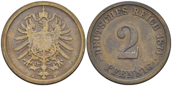 ГЕРМАНИЯ 2 ПФЕННИГА 1874 A, СТАРОГЕРБОВКА KM 2, J. 2, Weege 3 медь 212-441