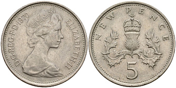 Великобритания 5 пенсов 1970 Елизавета II (1952-2022) KM 911, Spink 4233 (D1) медно-никель 4150-725