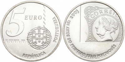 Португалия 5 евро 2003 150 летие первой Португальской марке KM 749 серебро UNC 69-316