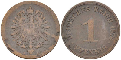 ГЕРМАНИЯ 1 ПФЕННИГ 1876 A, СТАРОГЕРБОВКА KM 1, J. 1, Weege 1 медь 206-1045