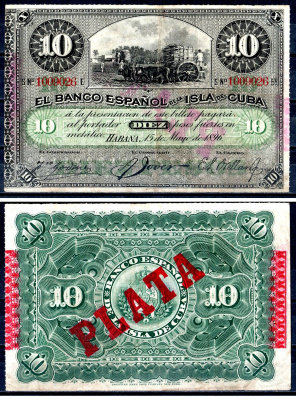 Куба 10 песо 1896 Испанская Администрация, надпечатка PLATA Pick 49 d бумага 402-66-1-1