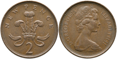 Великобритания 2 пенса 1975 Елизавета II (1952-2022) KM 916, Spink 4235 (C1) бронза 65-927