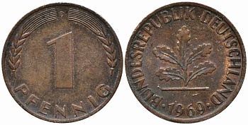 ФРГ 1 ПФЕННИГ 1969 D KM 105, J. 380 сталь плакированная медью 112-135