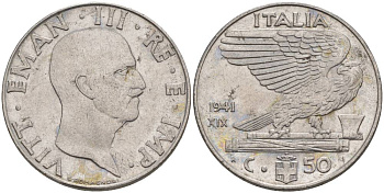 ИТАЛИЯ 50 ЧЕНТЕЗИМО 1941 R, ГОД XIX, ВИКТОР ЭММАНУИЛ III (1900-1946) KM 76b, VEM3. 1063 нержавеющая сталь 3853-357