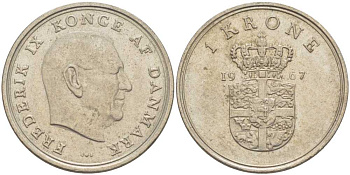 ДАНИЯ 1 КРОНА 1967 C; S, ФРЕДЕРИК IX (1947-1972) KM 851.1 медно-никель 95-547