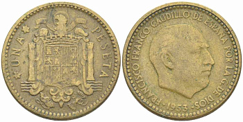 ИСПАНИЯ 1 ПЕСЕТА 1953 ФРАНСИСКО ФРАНКО ДИКТАТОР ИСПАНИИ (1939-1975) KM 775 алюминиевая бронза 73-1321