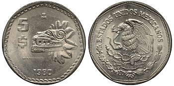 МЕКСИКА 5 ПЕСО 1980 АЦТЕКСКАЯ СКУЛЬПТУРА, ПЕРНАТЫЙ ЗМЕЙ КЕТЦАЛЬКОАТЛЬ KM 485 медно-никель XF- 215-824