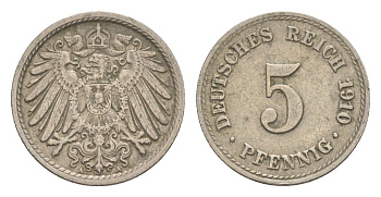 Германия 5 пфеннигов 1910 A, Вильгельм II (1888-1918) KM 11, J. 12 медно-никель 4640-131