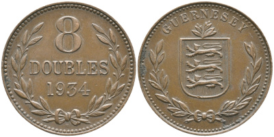 Гернси 8 даблов (дублей) 1934 Н KM 14 бронза 37-524