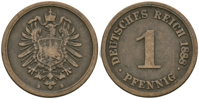 Германия 1 пфенниг 1888 D, Вильгельм I (1871-1888) KM 1, J. 1 медь 4387-225