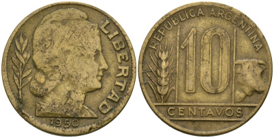 Аргентина 10 сентаво 1950 голова Свободы вправо KM 41 алюминиевая бронза 4174-242