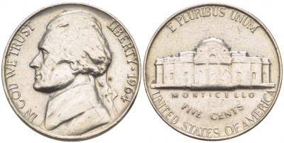 США 5 ЦЕНТОВ 1964 ДЖЕФФЕРСОН KM А192 медно-никель 4546-1141