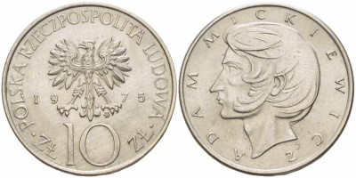 Польша 10 злотых 1975 MW, Адам Мицкевич (1798-1855) KM 74, Parchimowicz 242a медно-никель UNC 60-1352