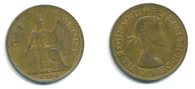 Великобритания 1 пенни 1966 Елизавета II (1952-2022) KM 897, Spink 4157 бронза 54-2514