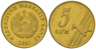 Узбекистан 5 сум 2001 KM 13 сталь плакированная латунью UNC 4597-412