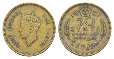 Цейлон 50 центов 1951 KM 123 никель латунь 4650-853