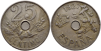 Испания 25 сентимо 1927 PC-S, Альфонсо XIII  KM 742 медно-никель    4610-815