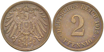 ГЕРМАНИЯ 2 ПФЕННИГА 1915 D KM 16, J. 11, Weege 4 медь 206-651
