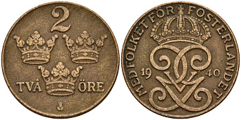 Швеция 2 эре 1940 Густав V (1907-1950) KM 778 бронза 4152-441