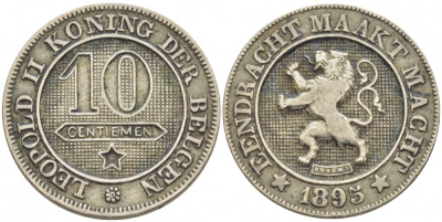 БЕЛЬГИЯ 10 САНТИМОВ 1895 BELGEN KM 43 медно-никель 4448-743