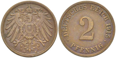 ГЕРМАНИЯ 2 ПФЕННИГА 1915 D KM 16, J. 11, Weege 4 медь 206-651