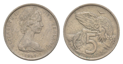 Новая Зеландия 5 центов 1969 Елизавета II (1952-2022), ящерица гаттерия KM 34.1 медно-никель 4655-1153