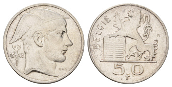Бельгия 50 франков 1948 Леопольд III (1934-1950), Belgiqe KM 137 серебро 3855-531