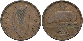 Ирландия 1/2 пенни 1946 свинья с поросятами KM 10 бронза 4146-542