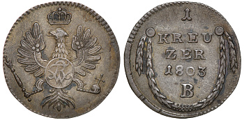 Бранденбург 1 крейцер 1803 B, Фридрих Вильгельм III (1797-1840) KM 18, Olding 163, AKS 147, Jaeger 204 медь 1531-1031