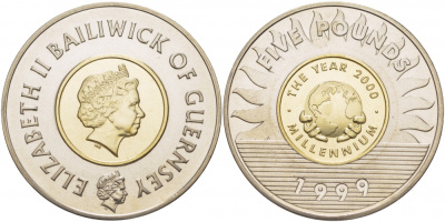 Гернси 5 фунтов 1999 миллениум KM 91 биметалл UNC 11-154-14