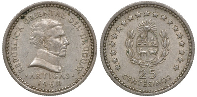 Уругвай 25 сентесимо 1960 KM 40 медно-никель 4169-829
