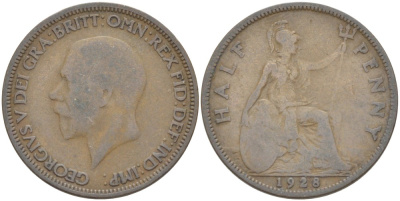Великобритания 1/2 пенни 1928 Георг V (1910-1936) KM 837, Spink 4058 бронза 4513-433