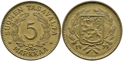 Финляндия 5 марок 1939 S KM 31 алюминиевая бронза 4388-1023