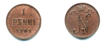 Россия для Финляндии 1 пенни 1909 Николай II (1894-1917) KM 13, Биткин 470 медь 4383-136