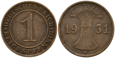 Германия 1 рейхспфенниг 1931 F KM 37, J. 313 бронза 4189-818
