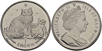 Остров Мэн 1 крона 2007 кошка рэгдолл с котятами КМ 1307.1 медно-никель UNC 118-314