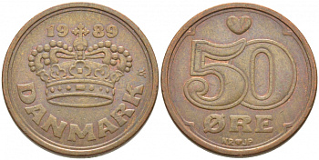Дания 50 эре 1989 Маргрете II (1972- ) KM 866.1 бронза 3856-341