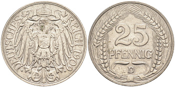 Германия 25 пфеннигов 1909 D KM 18, Weege 12, J.18 никель 186-1041
