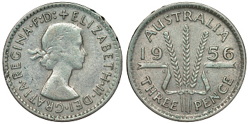 Австралия 3 пенса 1956 m, Елизавета II (1952-2022) KM 57 серебро 71-457