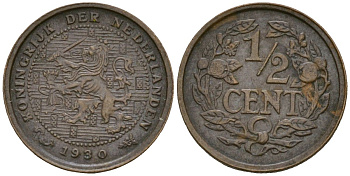 Нидерланды 1/2 цента 1930 Вильгельмина (1890-1948) KM 138 бронза 4169-454